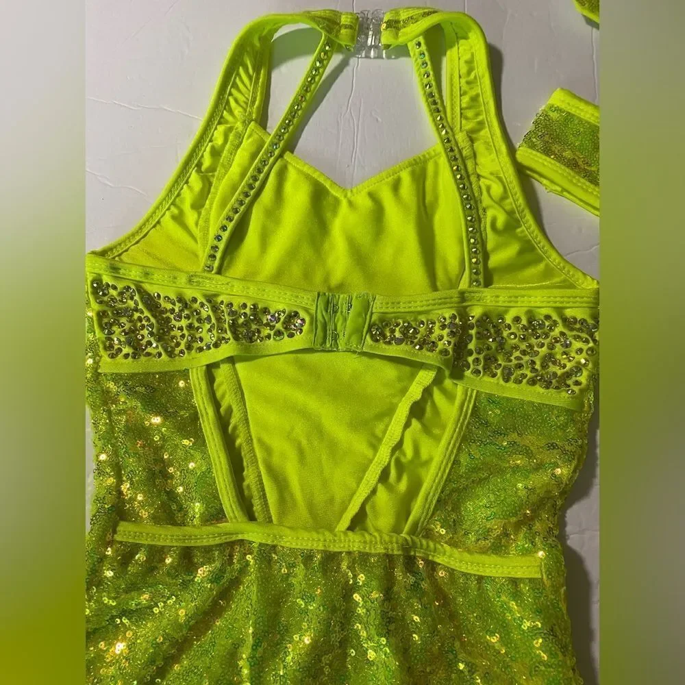 Rare Glamour Competition Solo Costume Neon Lime green Crystal Jazz Open SA adult